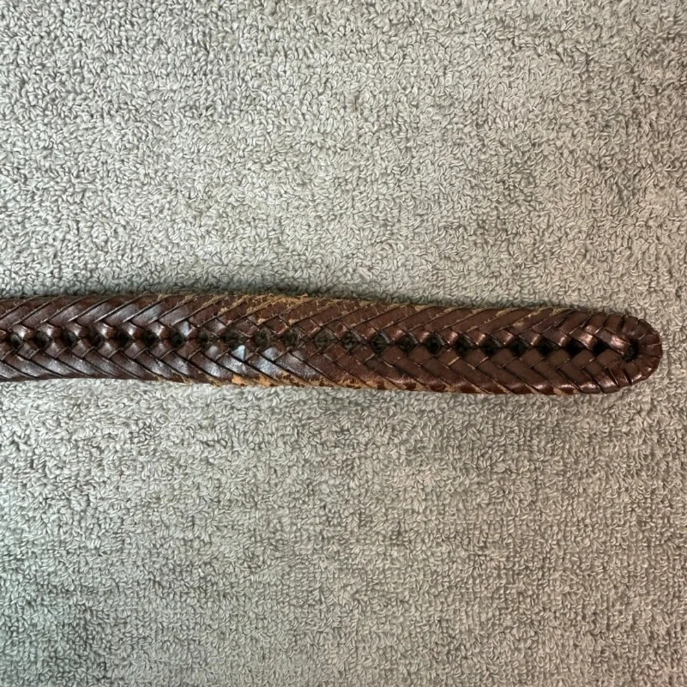 Brown Braided Leather Belt Mens 44 Silver Buckle Woven RN130273 51 Inch